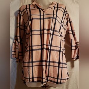 Pink and navy top. 3 quarter sleeves with tie. By Lildy, size medium